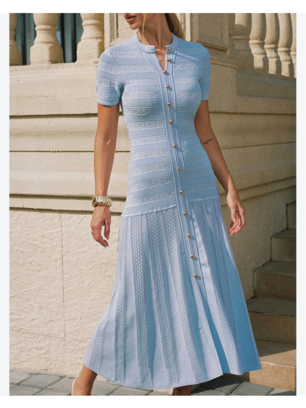 Commense Knit Midi Dress M Drop Wasit Blue Button Front Minimalist Old Money